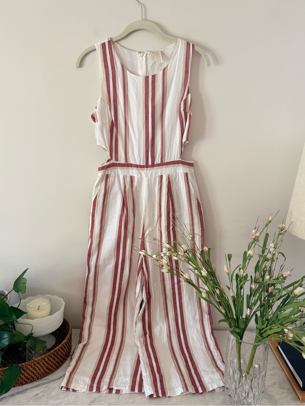 Japna Striped Linen Blend Wide Leg Jumpsuit Size Medium